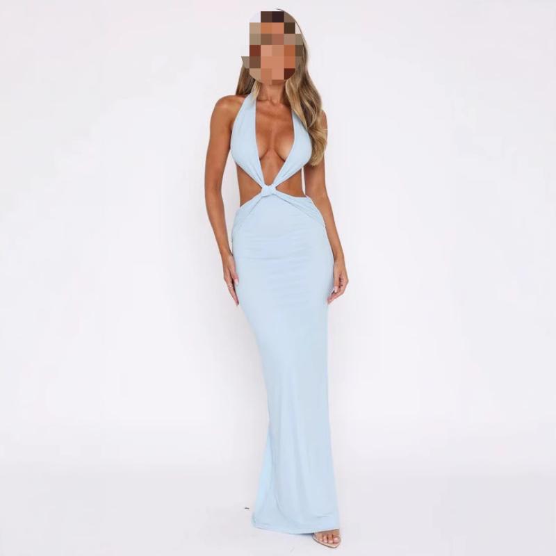 European and American summer sexy solid color hollow out deep V-neck hanging neck twisted irregular dress