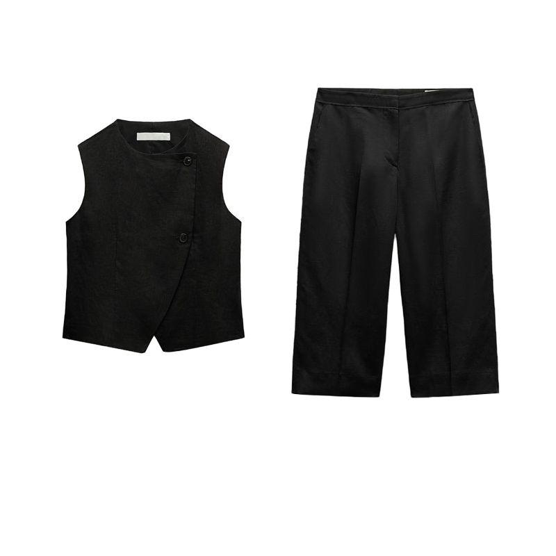 Spring New Product Set Women's Black Double Breasted Vest 8843298 Straight-leg Long Casual Shorts 8960298