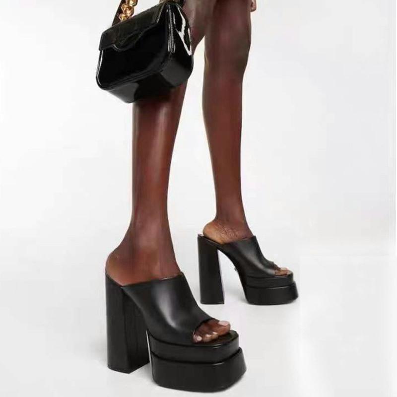 Fashion European And American Thick High Heel Slippers 14.5cm Fish-Mouth Heels With Double Waterproof Platform And Thick Soles