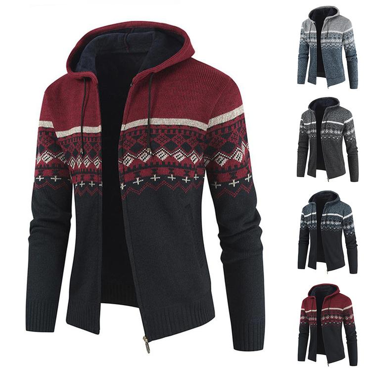 Fitted Red Hooded Striped Knit Coat For Winter Unisex Warm Outerwear Casual Jacket main image 0