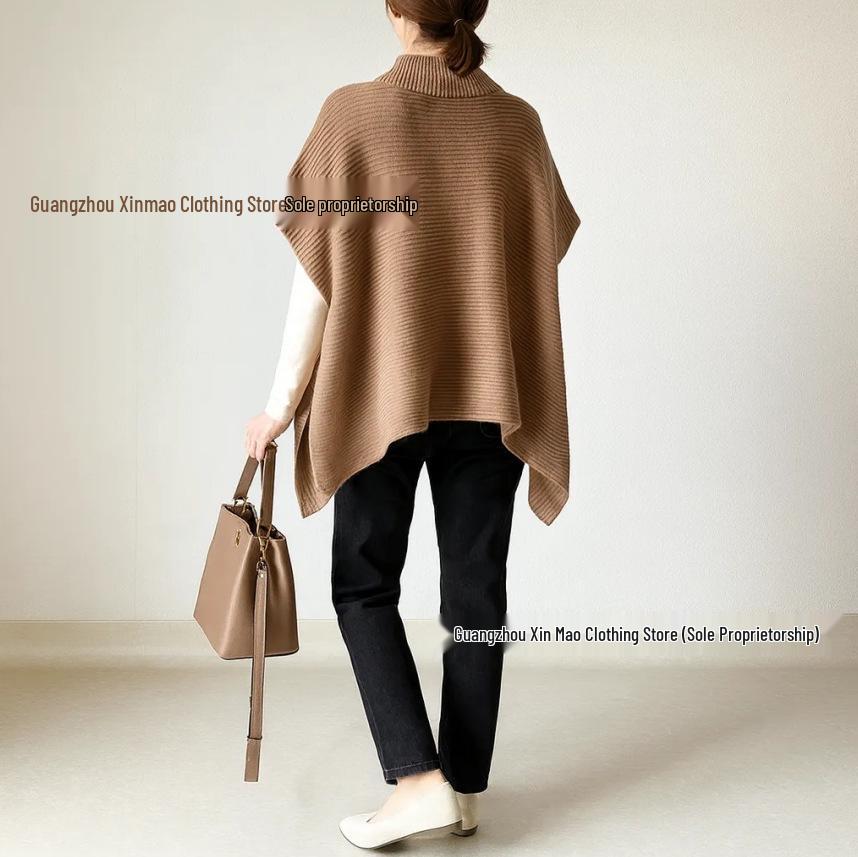 Cross-Border Japanese-Korean High Neck Solid Color Knit Cardigan Sweater - Women's Versatile Autumn/Winter Shawl Outerwear.