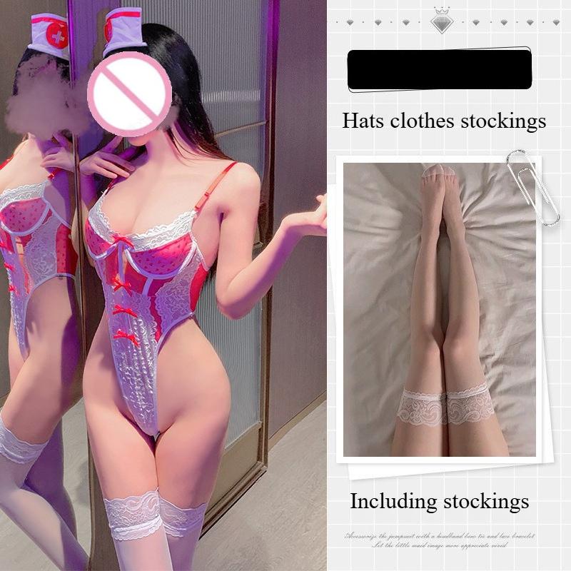 Charming Erotic Lingerie Nurse Uniform with Steel Ring One-piece Open Cut Lace Perspective Sexy Pure Desire Style Uniform Set