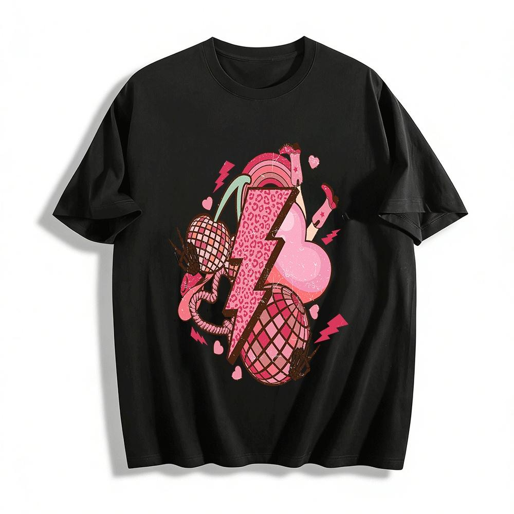 Retro Pink Leopard Lightning Heart Skeleton Hand Graphic Tee Pure cotton T-shirt XXS