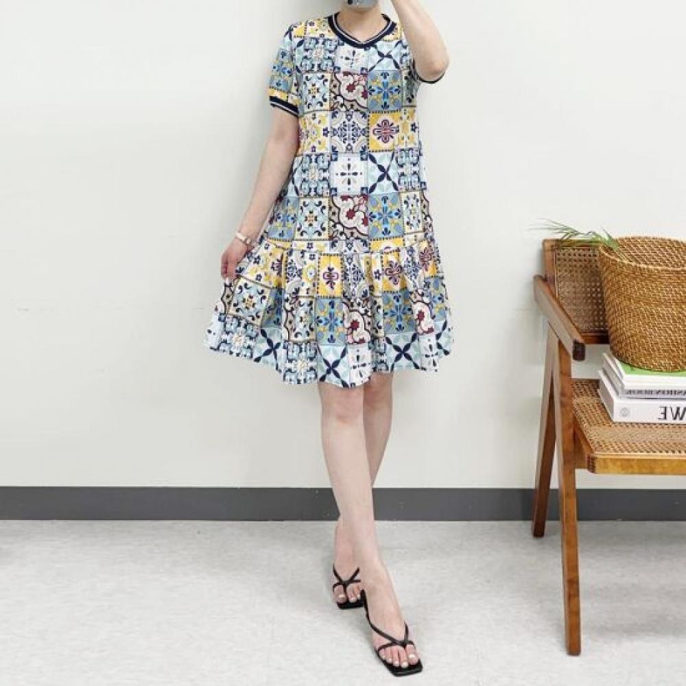 Mizqz Summer Cool Apple Ethnic Print Frill Short Sleeve Mini Dress