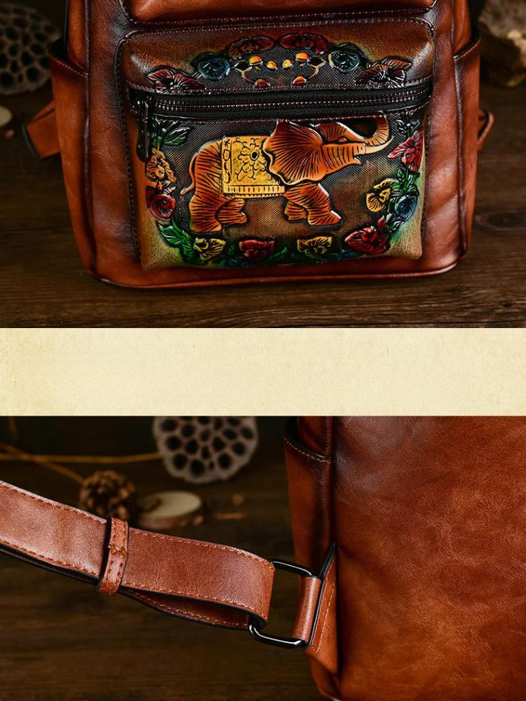 Johnature Rucsac retro din piele pentru femei, model elefant, relief, capacitate mare, genți de călătorie pentru agrement