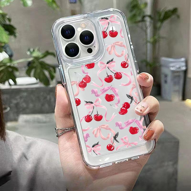 Luxury Shockproof Soft Clear Phone Case For iPhone 16 15 14 13 12 11 Pro Max XS XR 7 8 Plus SE 2020 Cherry Bowknot Pattern Cover