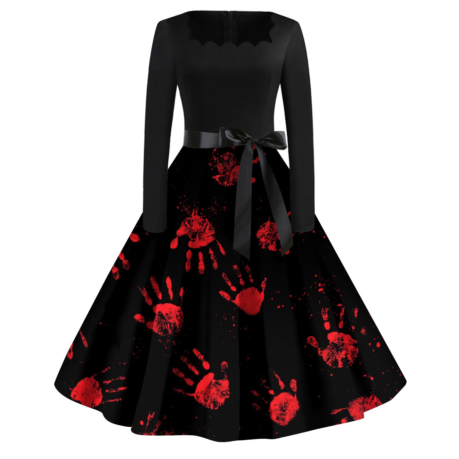 

Женское повседневное модное платье винтажного стиля с квадратным вырезом и принтом на Хэллоуин M винный