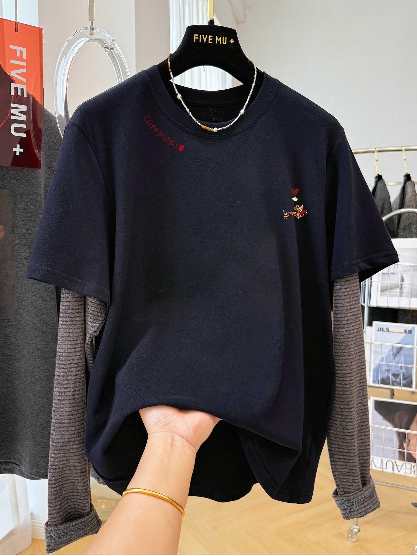 American Retro Cartoon Puppy Print Color Block Casual Women s T-shirt with Patchwork Sleeves - Autumn Arrival XL темно-синий