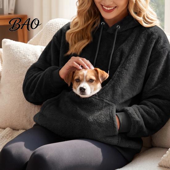 Warm Pullover with Kangaroo Pocket Women Pet Pouch Hoodie, Oversized Fuzzy Hooded Sweatshirt Hoodie Pouch, Dog Cat Carrying Top for Fall Winter