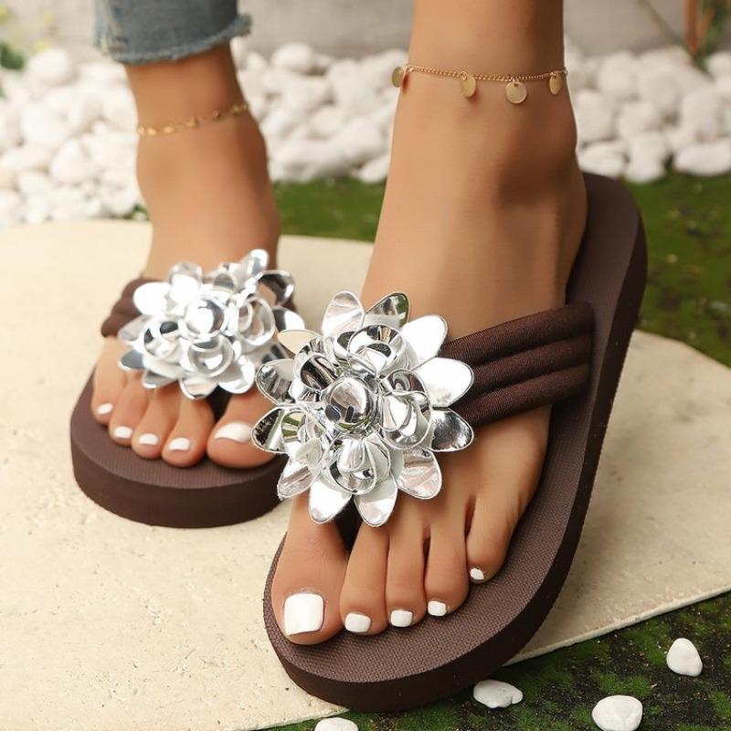 

Fashion Women s Wedge Heel Thick Sole Slides, Fashionable Flower Decor Comfortable Home Slippers, Casual Lightweight Beach Flip Flops 36 серебряный