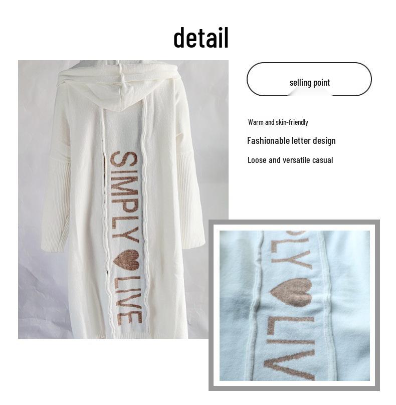 Autumn/Winter Hooded Long Cardigan Sweater with Turn-Down Collar and Letter Knit Design