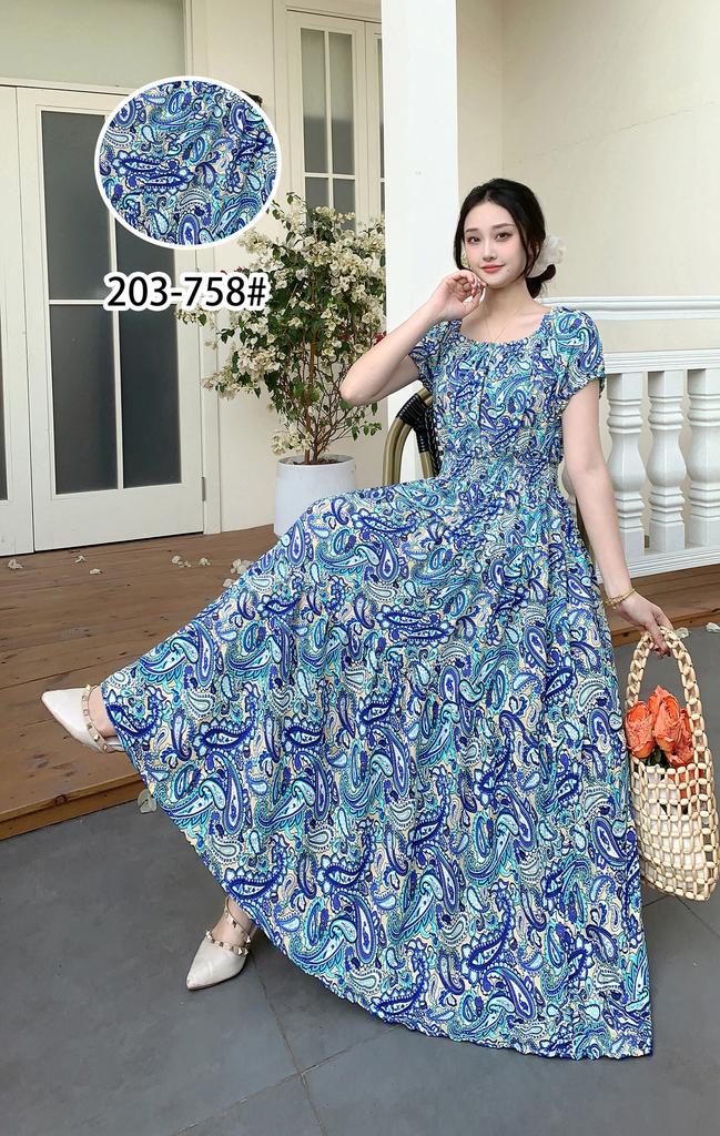 2024 Women's Beach Dress Short Sleeve Floral Dress Cotton Travel Vacation Bohemian Skirt Summer Halter