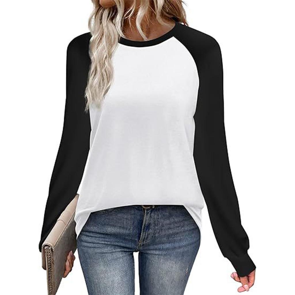 Women's Casual Color-Block Raglan Long Sleeve Top with Round Neck