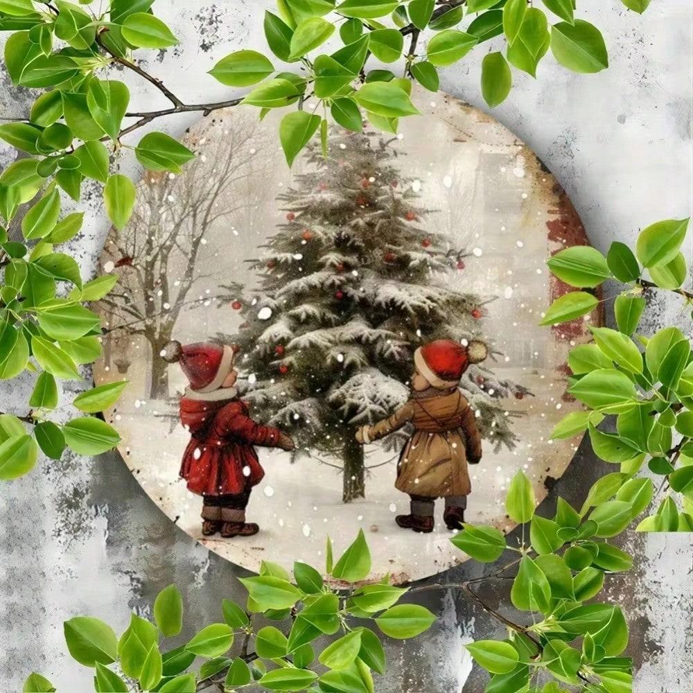 Vintage Metal Tin Sign 8x8 Inch Rustic Christmas Tree Snow Scene Wall Decor For Indoor Outdoor Home Farmhouse Holiday Patio