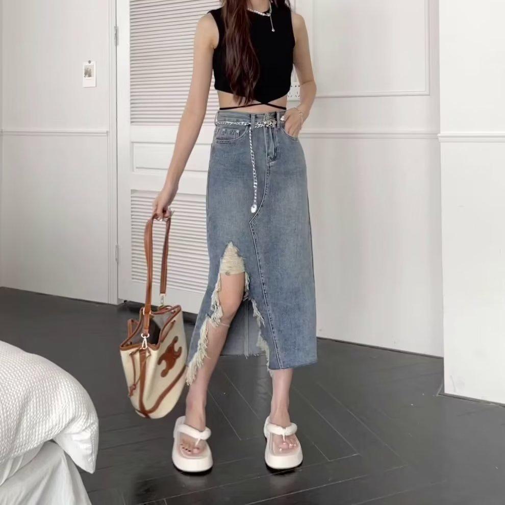 

Летняя джинсовая юбка А-силуэта с высокой талией для женщин 2023 года — неровный разрез, средняя длина, облегающий крой 2XL синий