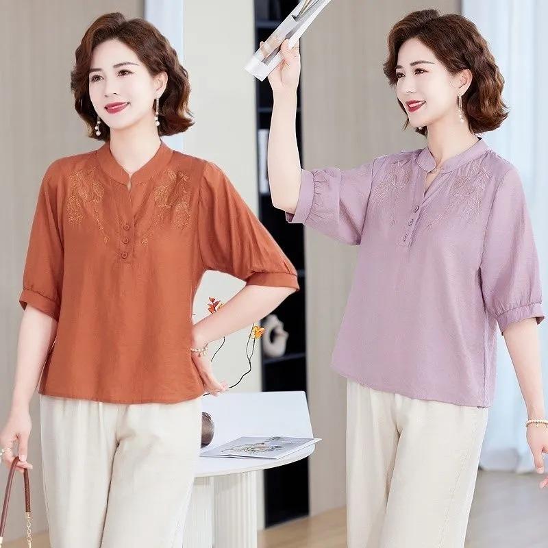 Damen Leinen Baumwolle Bestickte Bluse Lässig Stehkragen 3/4 Puffärmel Hemd