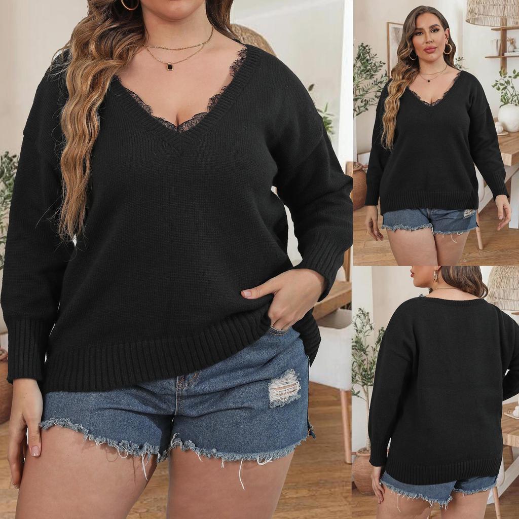 European and American Large-size Women's Woven Sweater Bottoming Shirt Top Splicing Lace V-neck Pullover Sweater F21397