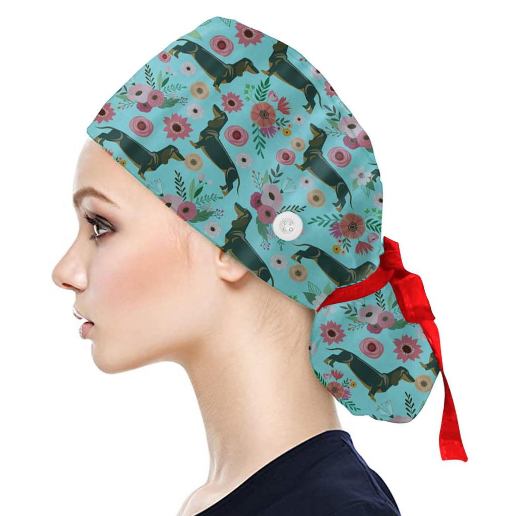 Scrub Cap With Buttons Print Bouffant Hat For Womens and Mens