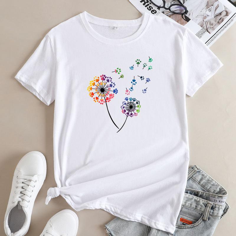 Summer Round Neck Colorful Dandelion Pattern Printed Top Fashionable Casual Short Sleeved Women's Pure Cotton T-shirts
