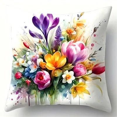 Home Decor Colorful Floral Watercolor Pattern Pillow Covers Pattern Cushion Cover Suitable for Sofa Bedroom Car Pillow Cover