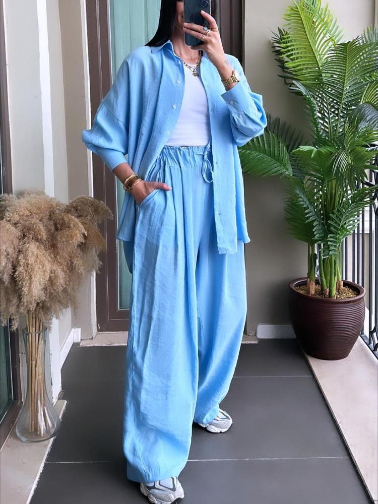 

Женский повседневный свободный комплект с длинным рукавом и брюками широкого кроя в нескольких цветах 5XL светло-синий