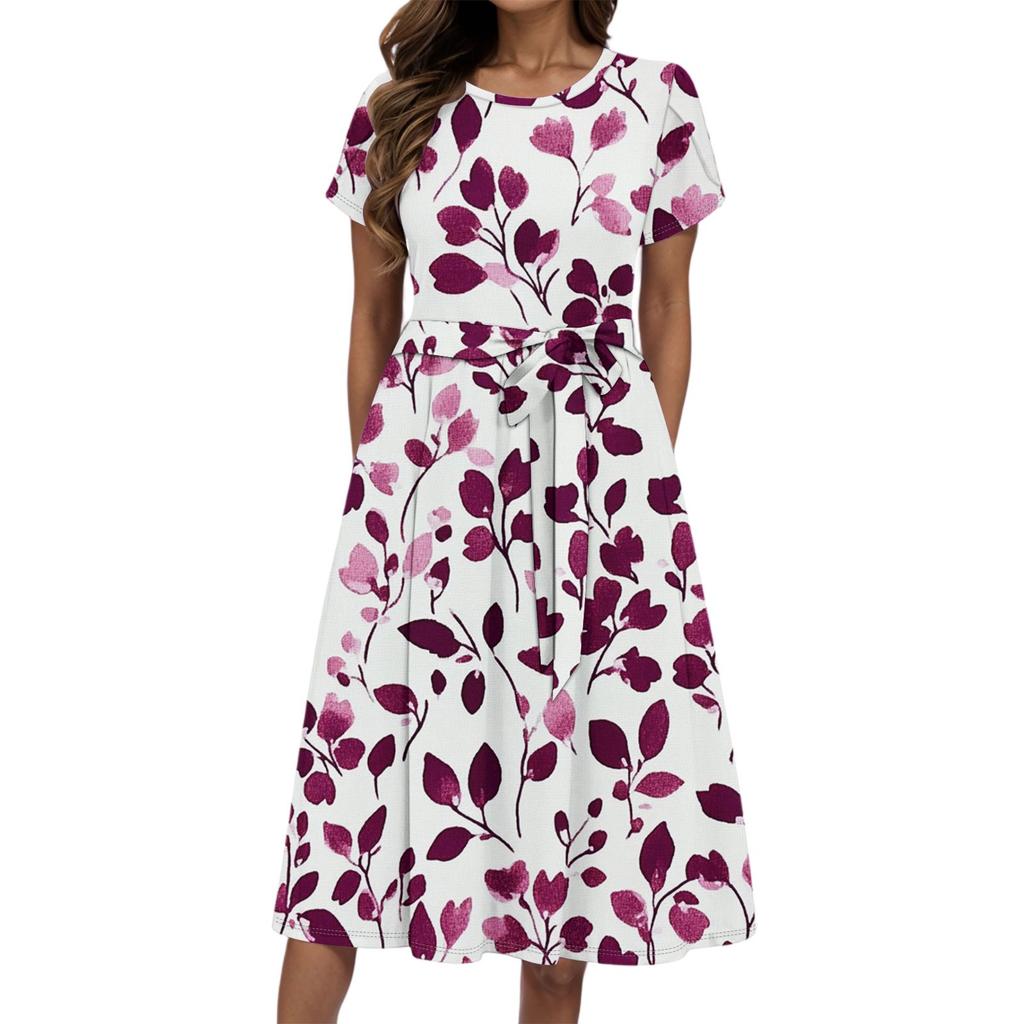 Women's Summer Fashion Round Neck Casual Plant Floral Print Short Sleeve Dress