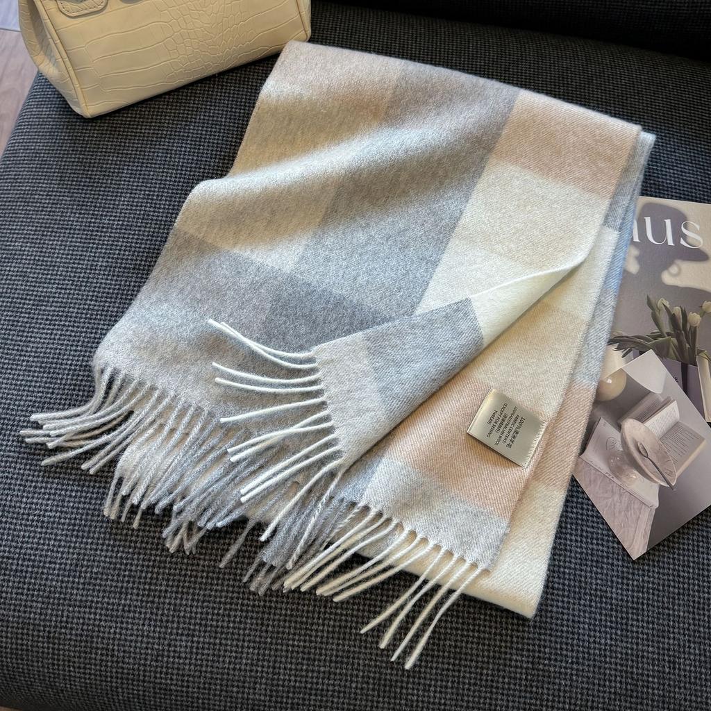 New Wool Warm Scarf for Women in Color Blocked Plaid Scarf Long Tassel Scarf Thickened and Warm