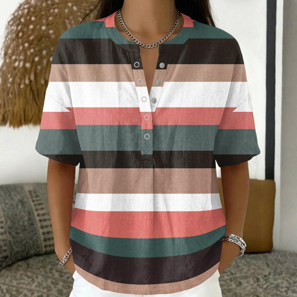 Women's Fashion V Neck Pullover Shirt Short Sleeve Casual Blouse Lightweight Loose Fit Top with Button Detail and Horizontal Stripe Pattern