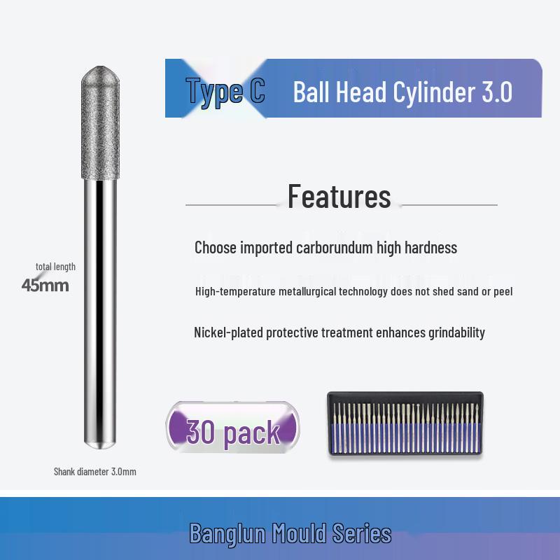 Banglun Diamond 3mm Alloy Grinding Head Set: Jade Carving, Cylindrical, Conical, Ball Needles