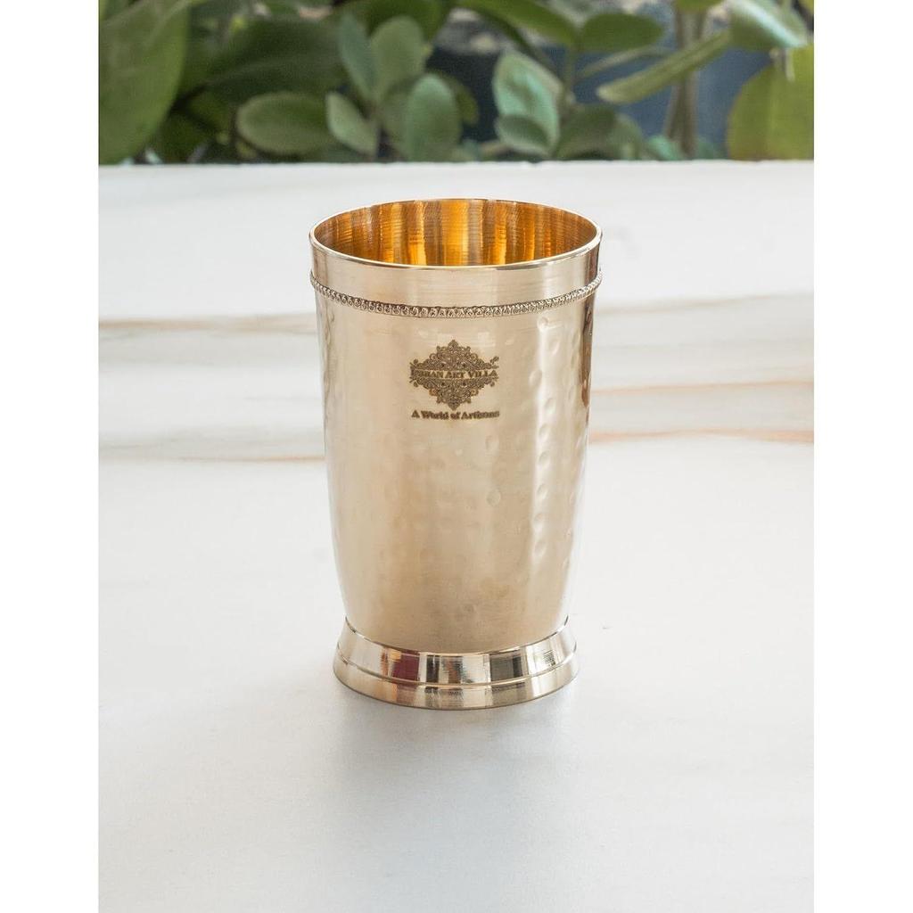 Pure Brass Glass Tumbler with Hammered Beeded Design, for Drinking Serving Water, Yoga & Ayurveda, Volume-270 ML, 1 Piece
