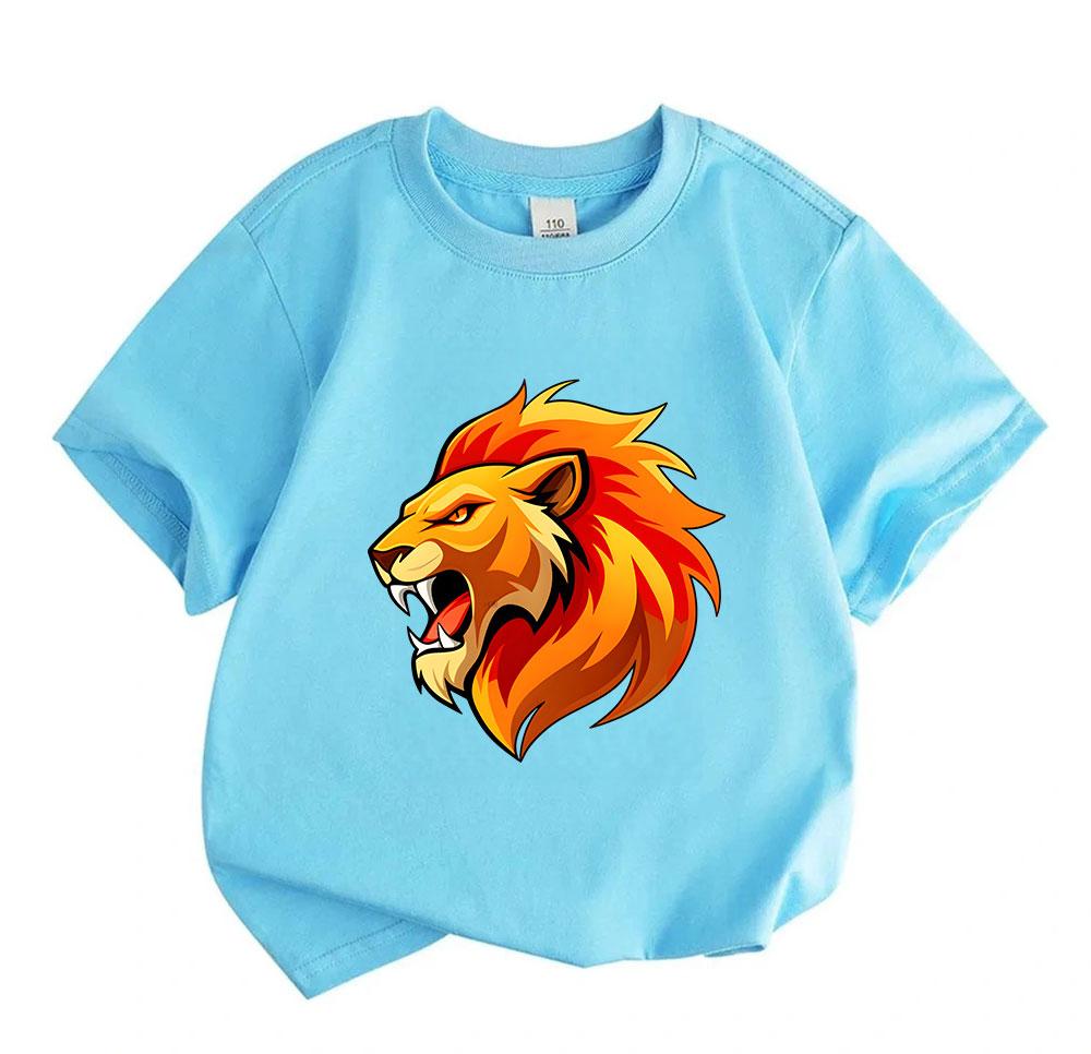 Kids Boys Girls Crew Neck Short Sleeve 100% Cotton T-Shirt, Cool Roaring Fire Lion Head Graphic Casual Soft Summer Tees Tops for Children Daily Wear