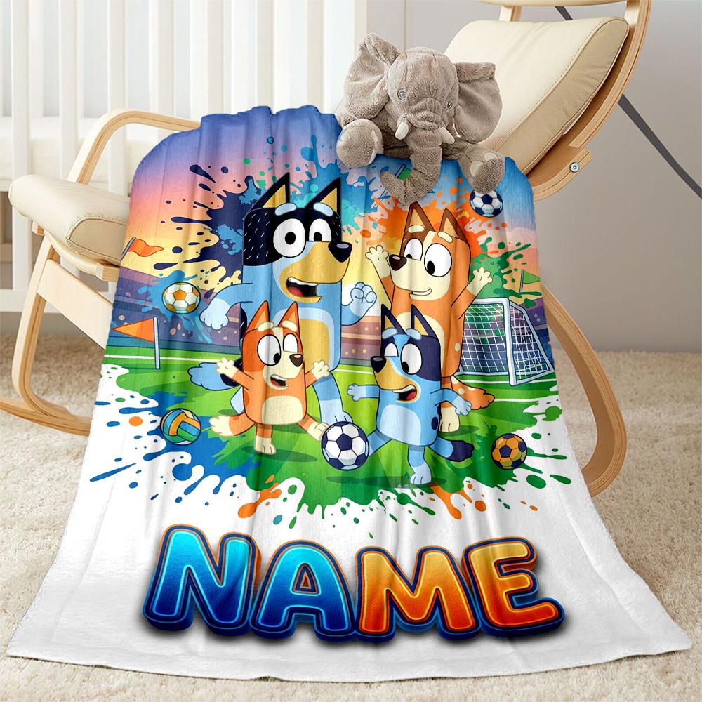 Bluey's Soccer Adventure Customize Your Name Blanket Gift Personalized Blanket Comfortable Versatile for Office Chair Couch Nap Picnics