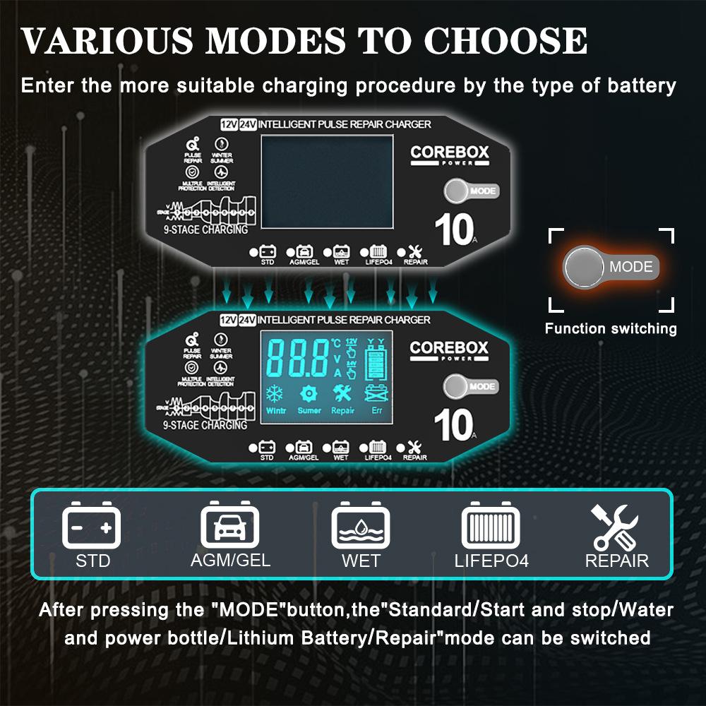 Car and Motorcycle Battery Charging Devices Automotive Battery Charger AGM Intelligent Maintenance of Lead Acid Battery 12V 10A