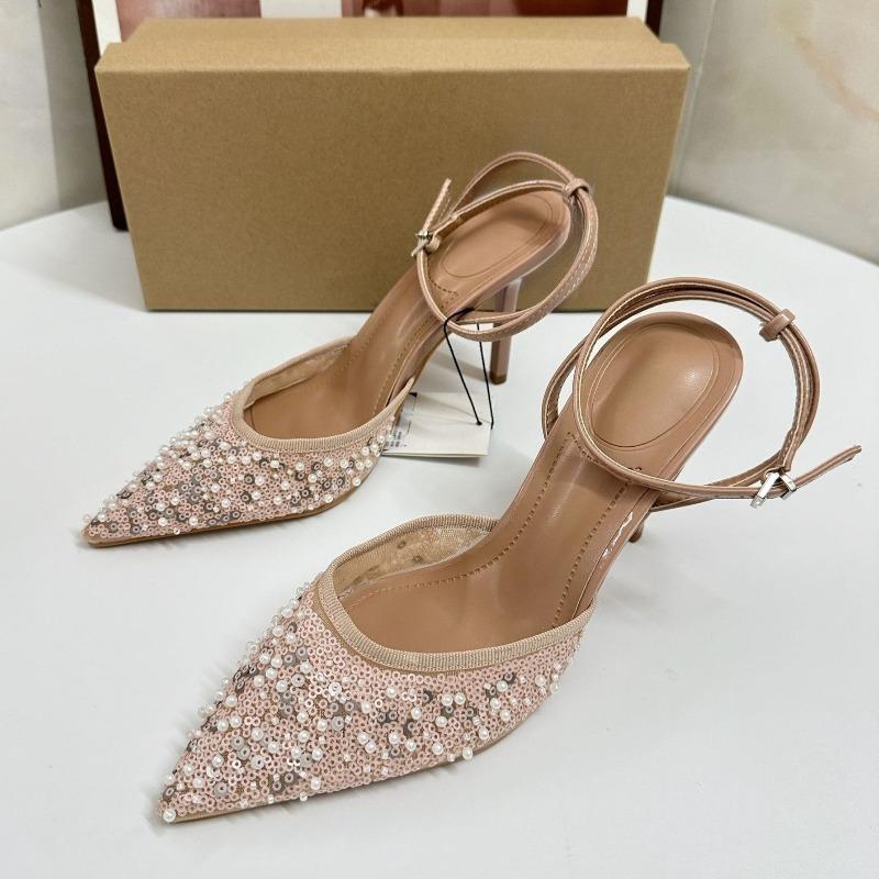 Luxury Pearls Sequined Mesh Women Pumps Sexy Ankle Strap Pointed Toe Wedding Evening Party High Heels Shoes for Ladies