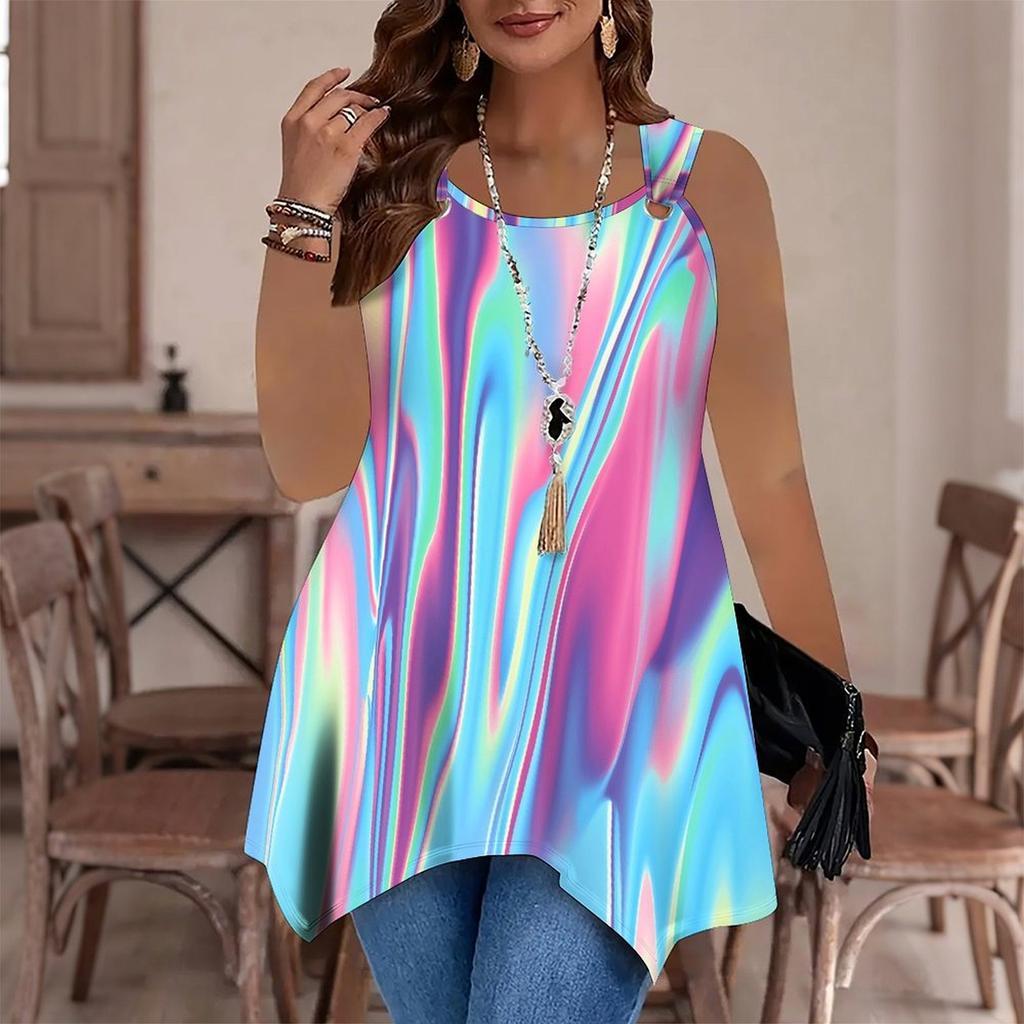 Modische lässige Sport-Doppelring-Weste für Damen, Große Tank-Weste mit Retro-Druckmustern, Unregelmäßiger Saum, Elegant und Schlicht