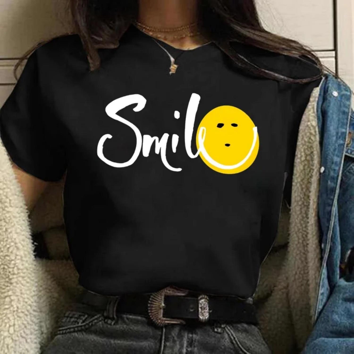 Kawaii Women T Shirt Smile Daisy Print Tshirt Women T-shirt Ladies Summer Causal Female Clothes S чёрный