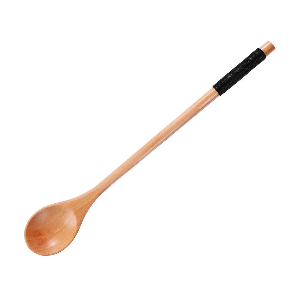 1pc Long Spoons Wooden Korean Style 10.9 inches  Natural Wood Long Handle Round Spoons for Soup Cooking Mixing Stirr Tableware
