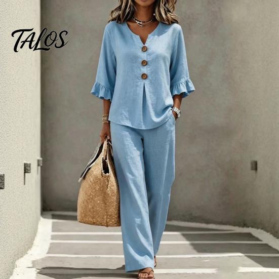 Breathable Summer Pants 2 Piece Sets for Women, Casual Ruffle 3/4 Sleeve Buttons V Stretchy Waist Neck Top And Wide Leg Matching Set, Loose