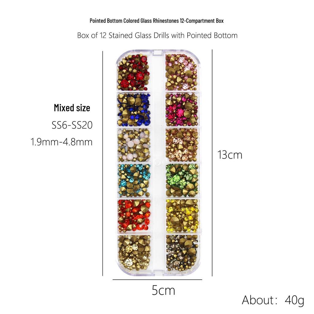 12-Fächer Strasssteine Set für Nagelkunst: Farbige Glas- & AB Irisierende Varianten mit flachem und spitzem Boden