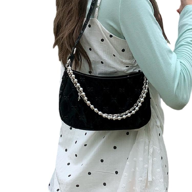 Pearl Chain PU Leather Underarm Armpit Bag for Women Crossbody Shoulder Handbag
