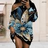 Women Plus Size One Shoulder Long Sleeve Floral Print Black Tunic Dress