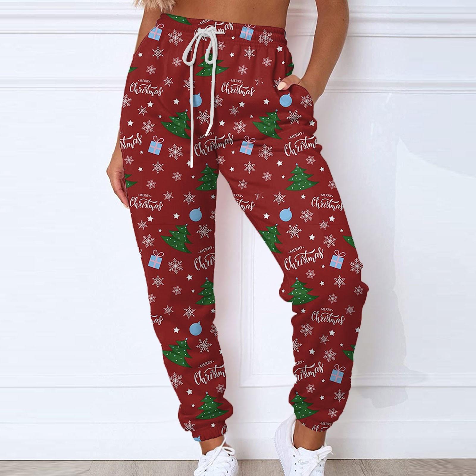 

Женские модные спортивные повседневные спортивные штаны с карманами и рождественским принтом на шнуровке S красный