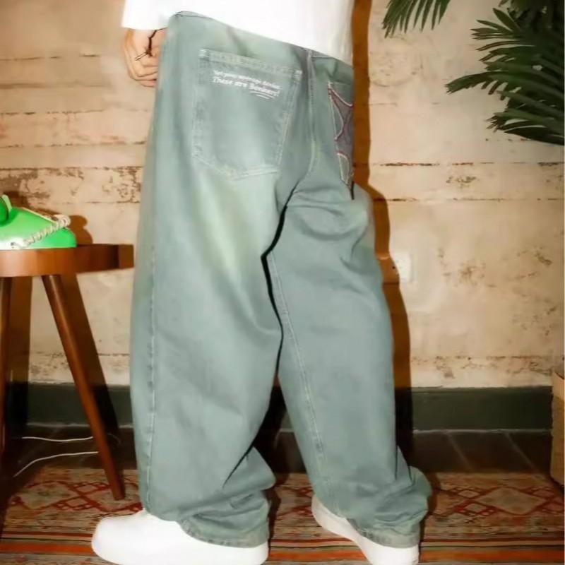 Loose Fit Straight Leg Denim Jeans Men - Washed Blue Black Gray Vintage Harajuku Hip Hop Style Mid Rise
