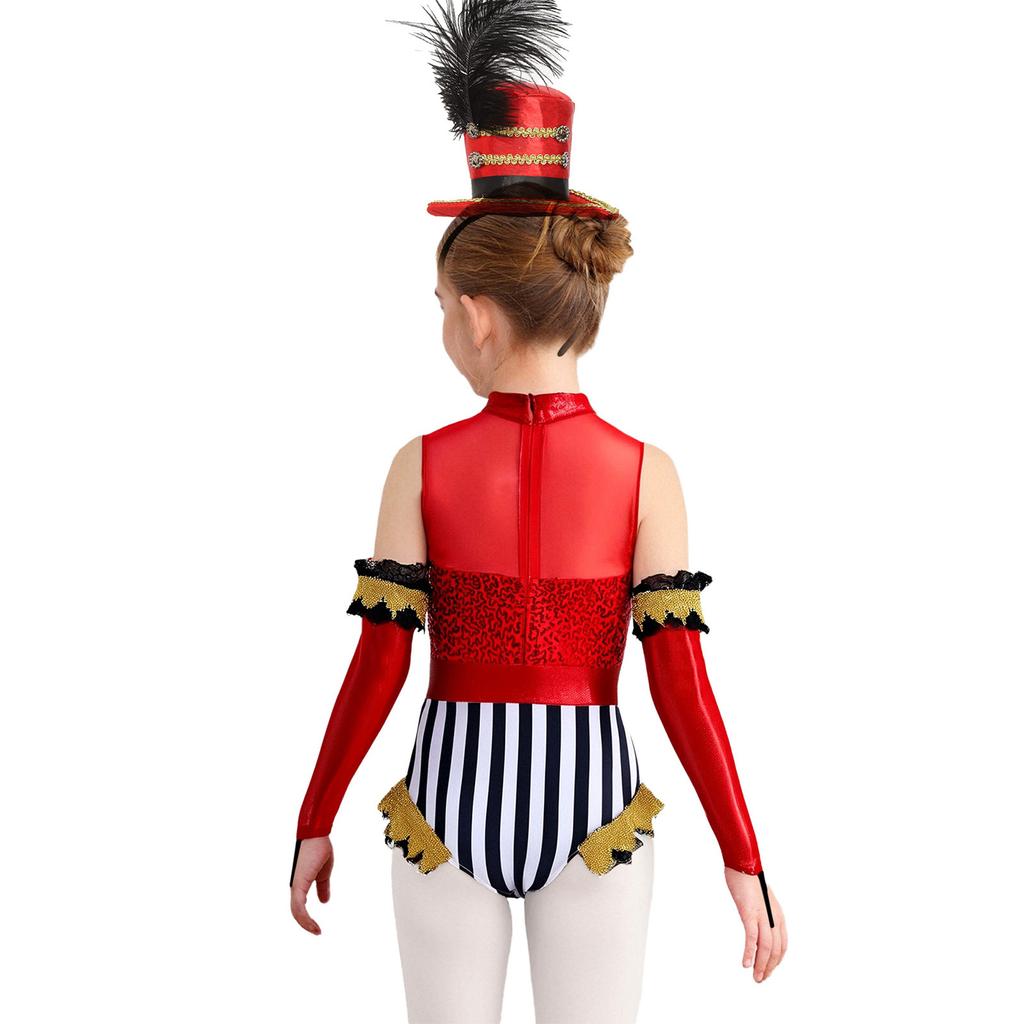 Girls Circus Costume Set Sequins Mock Neck Sleeveless Jumpsuit Press Buttons Metallic Oversleeve Top Hat