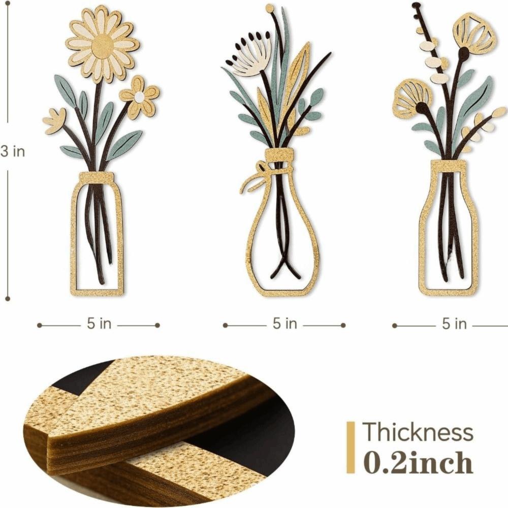 3 Pieces Set Vase Design Floral Decor 3D Wall Stickers Wall Decor Metal Flowers Wall Art  Bathroom
