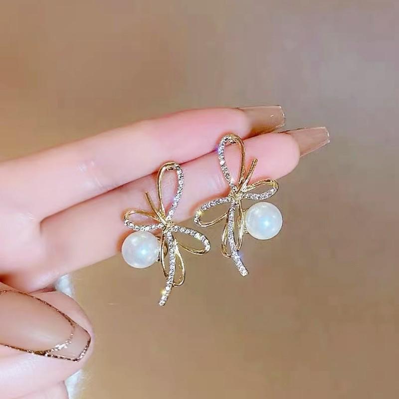 Korean Design Bow Pearl Earrings, s925 Silver Needles, with Rhinestone Inlays