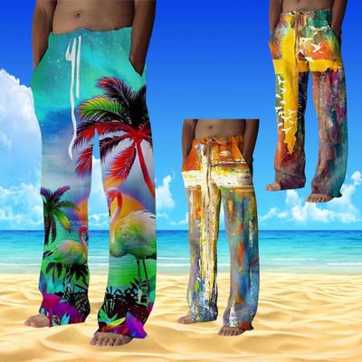 Übergröße Neue Herren Trendige Streetwear Lässige Hosen Weites Bein 3D Digital Strandleinenhose für Herren