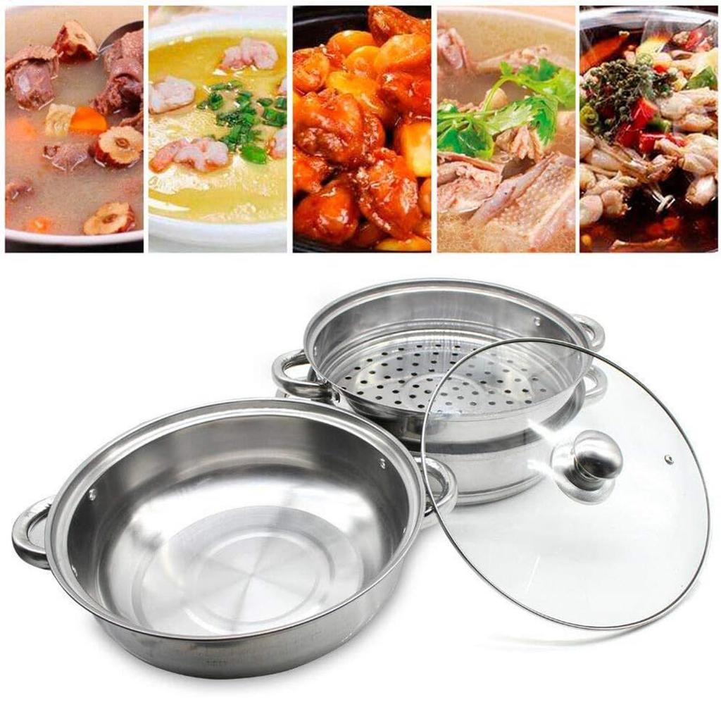 Stainless Steel Steamer Pot Set with Glass Lid Multi Layer Stackable Cookware for Dumplings Fish Vegetables Healthy Meal Cooking