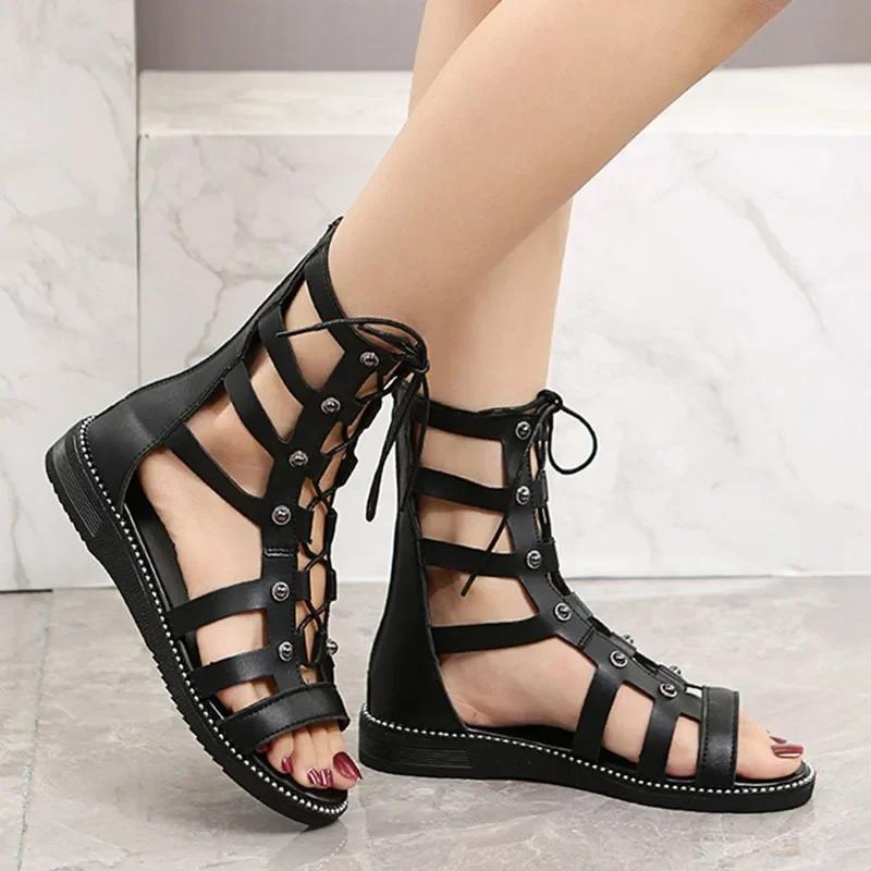 Fashion New Hollow Casual Sandalias De Mujer Open Toe Cross Strap Ladies Shoes Wedges Summer Roman Black Sandales Boots Large Size 35-43