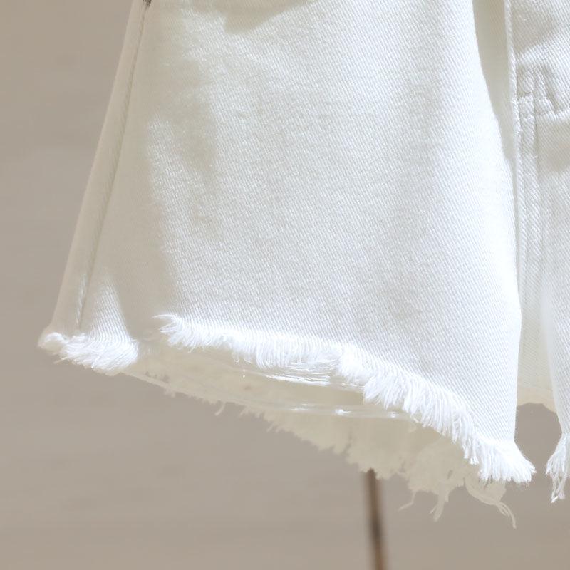 Women's 2025 Summer White High-Waisted Frayed Hem Denim Shorts - Loose, Slimming, Trendy Wide-Leg Hot Pants